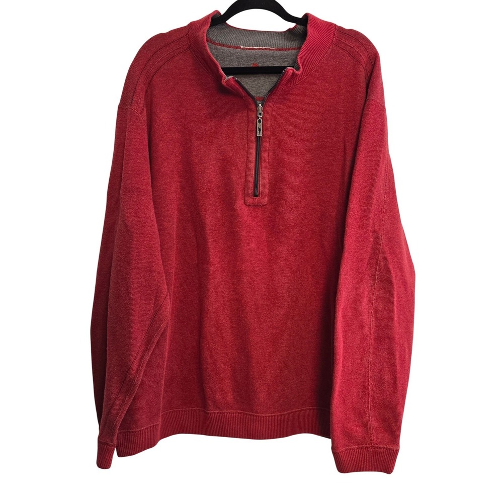 Tommy Bahama Mens Red Quarter Zip‎ Pullover Sweater Marlin Logo Heathered 2XL